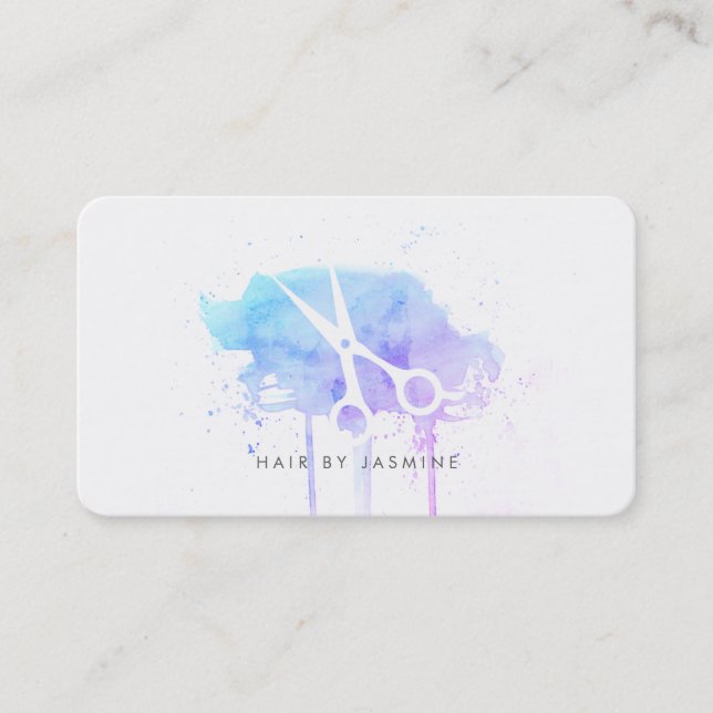 Carte De Visite coiffure moderne cheveux aquarelle bleu pourpre (Devant)