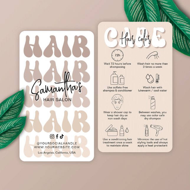 Carte De Visite Coiffure tendance Couleur après-soins Salon beige  (Modern beige & white hair care cards for post hair color. Featuring retro fonts and care icons)