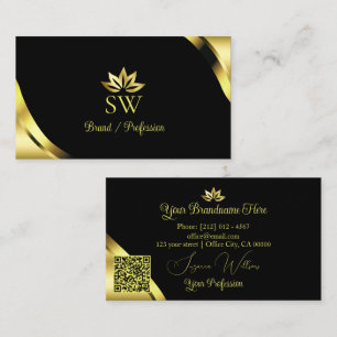 Carte De Visite Coins en or luxueux sur fond noir avec code QR mon