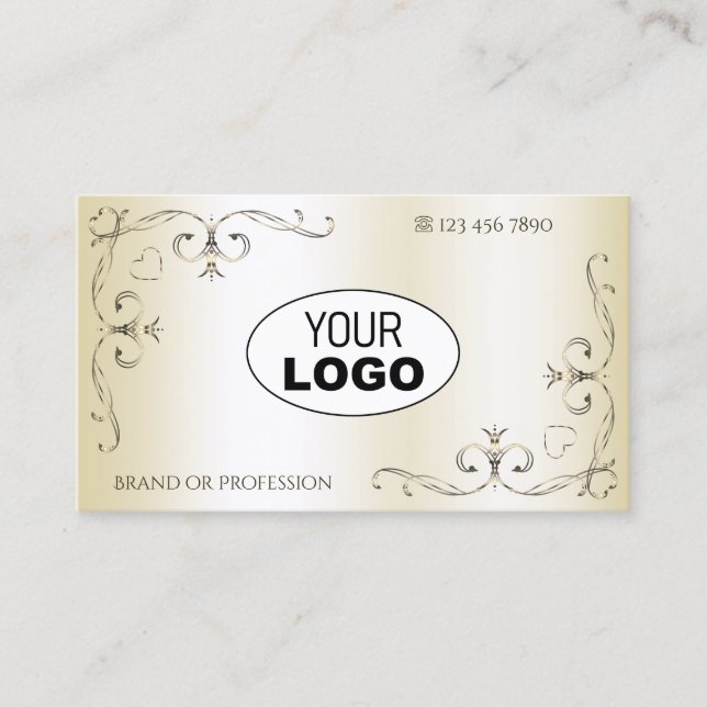Carte De Visite Coins ornés de crème chatoyante avec logo (Devant)