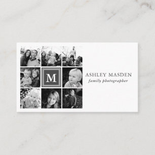 Carte De Visite Collage de photos de famille à monogramme gris Pho