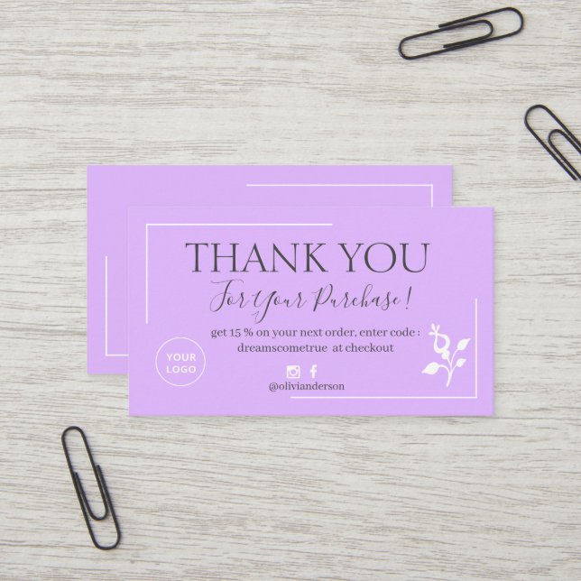 Carte De Visite Commande de script violet moderne merci entreprise (Devant/Arrière en situation)