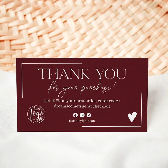 Carte De Visite Commande d'écriture bourguignonne moderne merci (Modern burgundy script order thank you business card)
