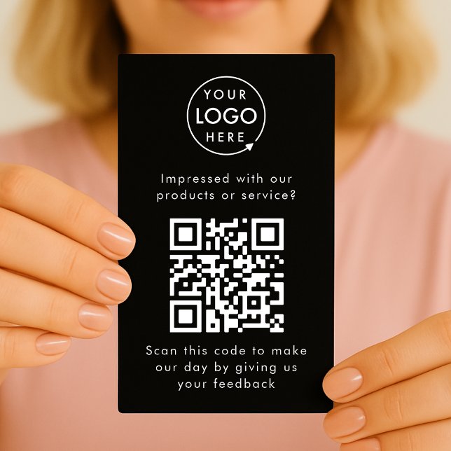 Carte De Visite Commentaires clients | QR Code Black Business Revi (Branded customer feedback handout enclosure cards with interactive QR code & your company logo.)