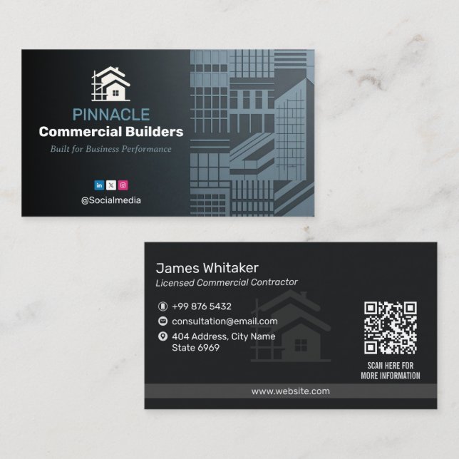 Carte De Visite Commercial Building Contractors | Dark Minimalist (Devant / Derrière)