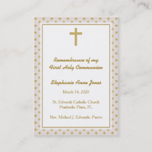 Carte De Visite Communion beige avec Pois d'or