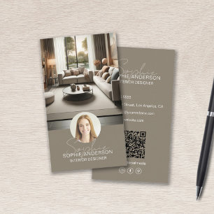 Carte De Visite Concepteur d'intérieur Nom Scénario Photo QR Taupe