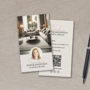 Carte De Visite Concepteur d'intérieur Nom Script Photo QR Marron