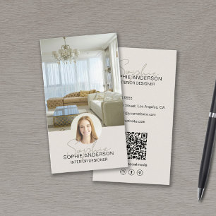 Carte De Visite Concepteur d'intérieur Photo QR Nom de script Tan