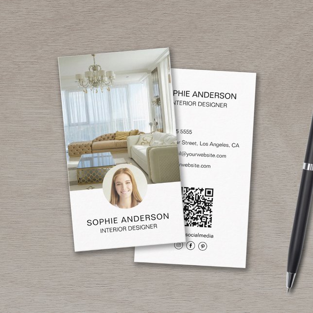 Carte De Visite Concepteur d'intérieur professionnel QR Photo pers (Custom Photo QR Professional Interior Designer Business Card)