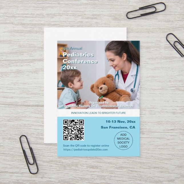 Carte De Visite Conférence Médicale sur la pédiatrie (Devant/Arrière en situation)