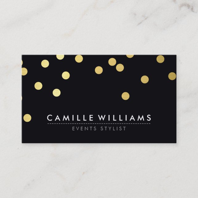 Carte De Visite CONFETTI moderne cool point motif feuille or noir (Devant)