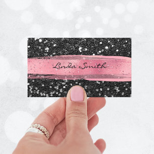Carte De Visite Confettis noirs paillettes roses coups de pinceau