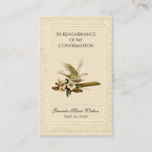Carte De Visite Confirmation du souvenir Gold Dove Cross Lily Lace