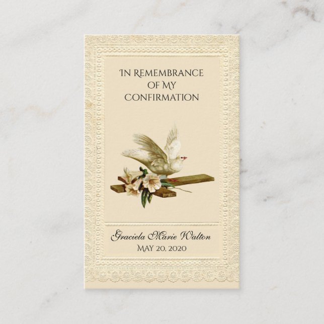 Carte De Visite Confirmation du souvenir Gold Dove Cross Lily Lace (Devant)