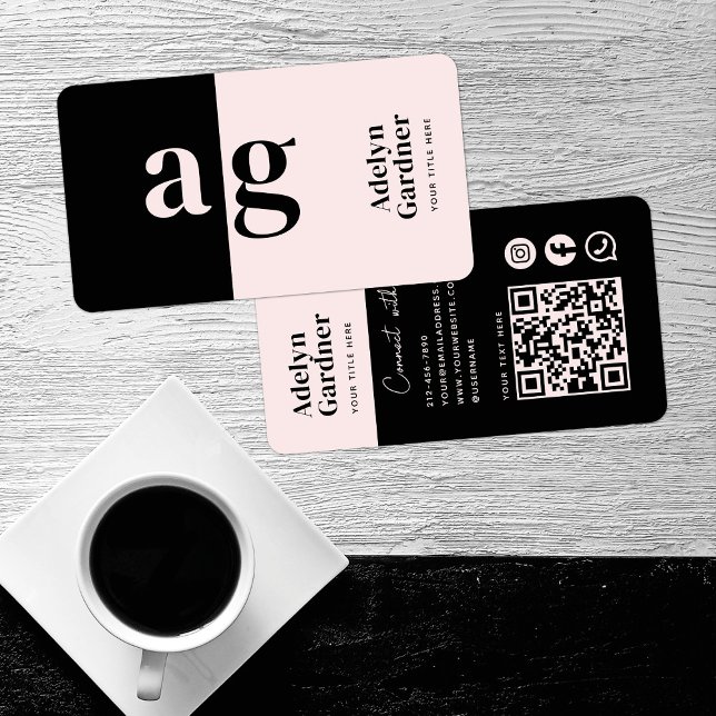 Carte De Visite Connecter le monogramme rose noir QR Code Médias s (Créateur téléchargé)