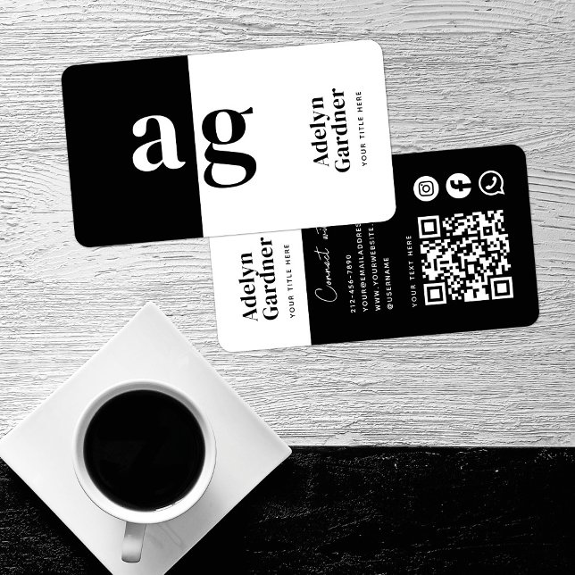 Carte De Visite Connecter Noir Blanc Monogramme QR Code Médias soc (Créateur téléchargé)