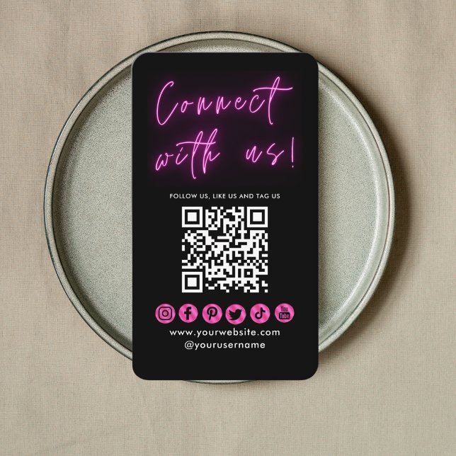 Carte De Visite Connectez-vous avec nous Black Pink QR Code Médias (Créateur téléchargé)