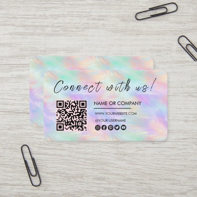 Carte De Visite Connectez-vous avec nous Logo Qr Code Iridescente  (Devant/Arrière en situation)