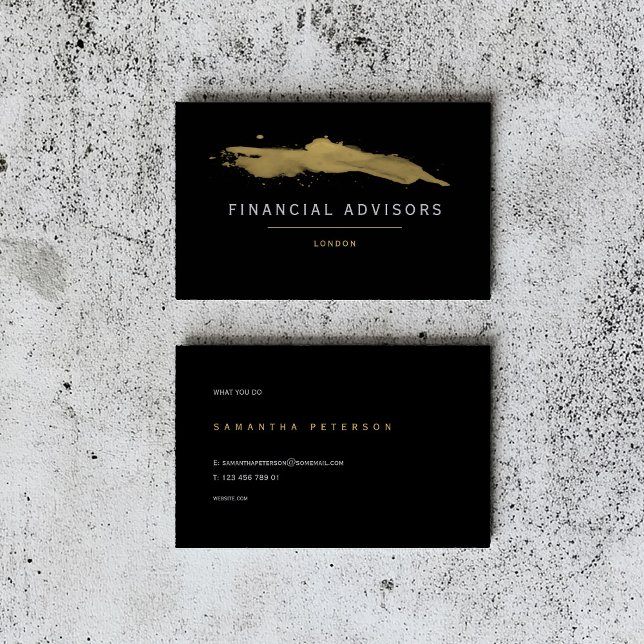 Carte De Visite Conseiller financier, éclaboussure de peinture or (Luxury black business card design for financial advisors, featuring gold brushstroke details)