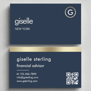 Carte De Visite Conseiller financier Marine bleu QR Code or Monogr