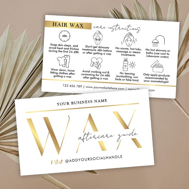 Carte De Visite Consignes modernes de cirage en or Glam (elegant white and gold effect waxing after care instructions cards with icons
)