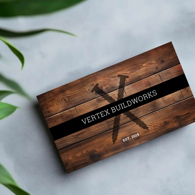 Carte De Visite Construction Bois Vis de mobilier bois rustique (Dark wood timber customizable business cards; construction builders, contractors, furniture makers.)