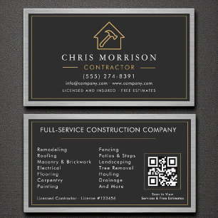 Carte De Visite Construction de bâtiment Black Faux Metal QR Code