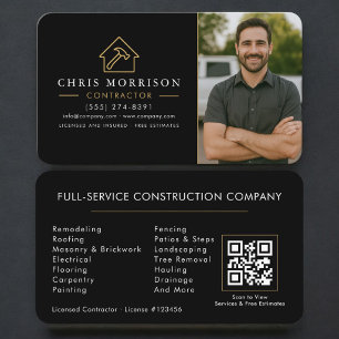 Carte De Visite Construction de bâtiments Code QR Photo Noir Or