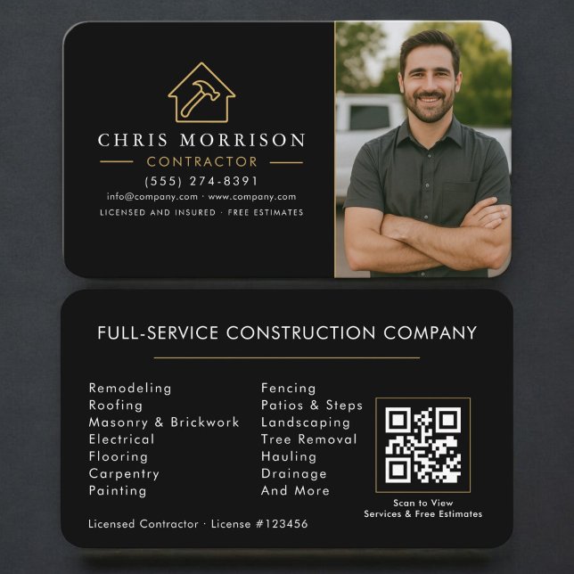 Carte De Visite Construction de bâtiments Code QR Photo Noir Or (Créateur téléchargé)
