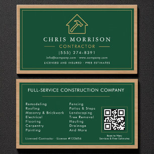 Carte De Visite Construction de bâtiments Green Gold Wood QR Code