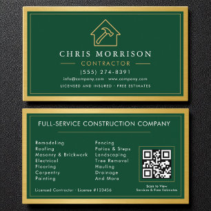 Carte De Visite Construction de bâtiments Vert Or Métal Code QR