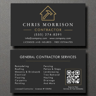Carte De Visite Construction générale moderne Black Gold QR Code