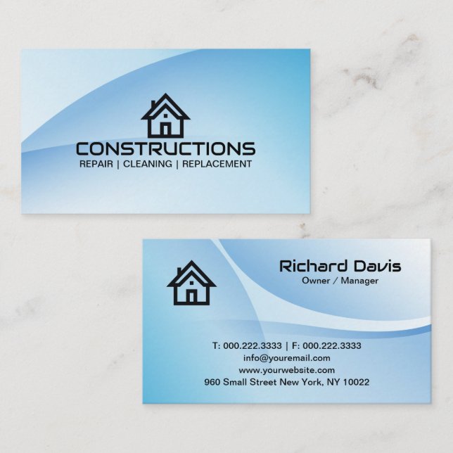 Carte De Visite Construction House Roof Logo Blue (Devant / Derrière)