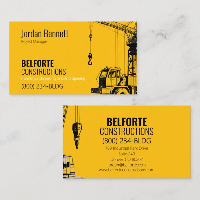 Carte De Visite Construction Moderne | Conception Yellow & Crane (Devant / Derrière)