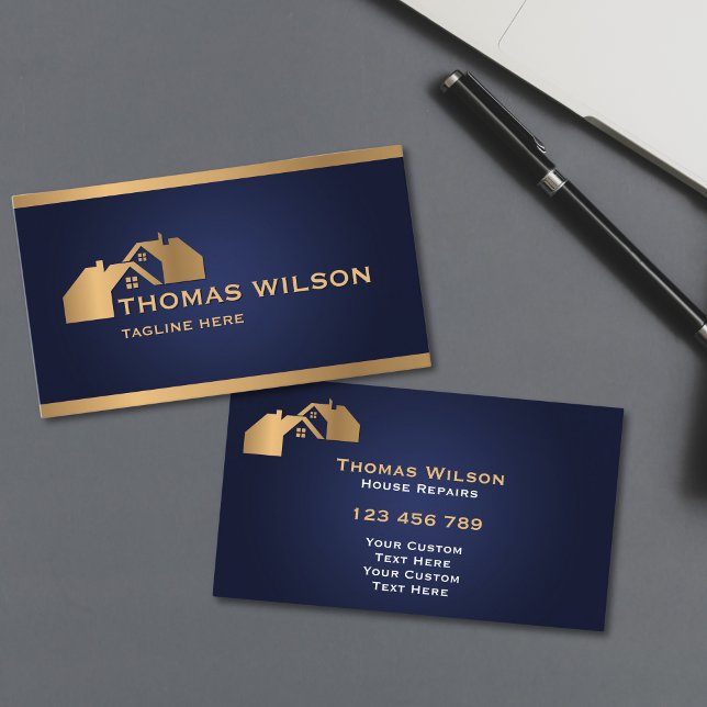 Carte De Visite Construction moderne Handyman Carpenter Roof Or (modern carpenter handyman business cards with navy blue background and gold rooftops)
