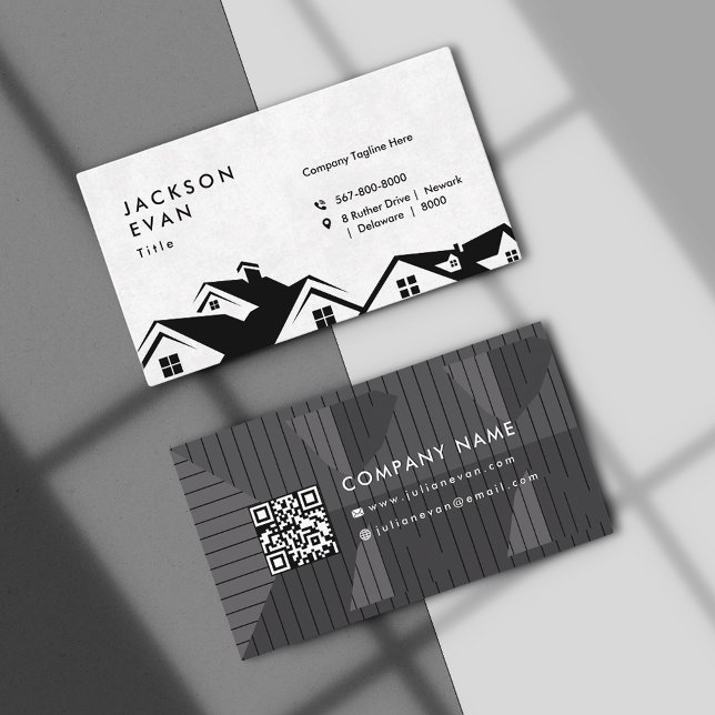 Carte De Visite Construction professionnelle de toitures en noir e (Professional Black & White Roofing Construction Business Card)
