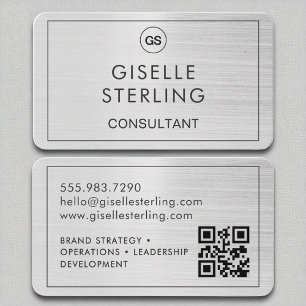 Carte De Visite Consultant Brossé Monogramme argent Code QR
