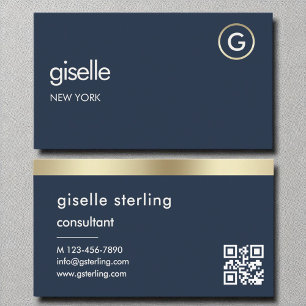 Carte De Visite Consultant Marine bleu QR Code or Monogramme