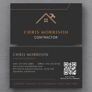Carte De Visite Contractant Construction QR Code noir Cuivre