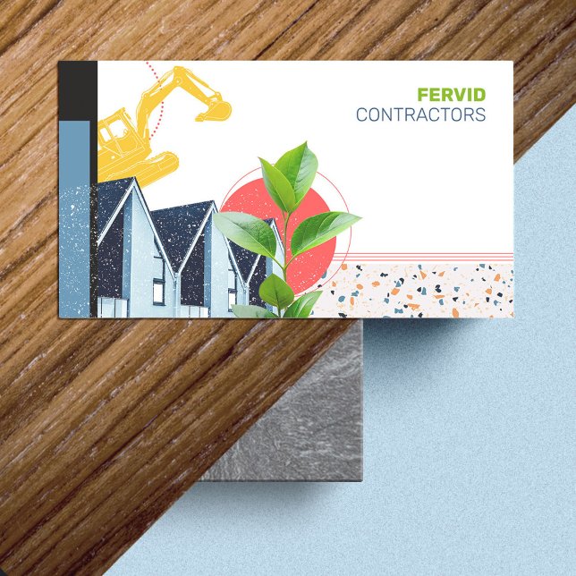 Carte De Visite Contractant du bâtiment Construction moderne (Bold and colorful Building Contractor Construction business card in a retro modern collage design.)