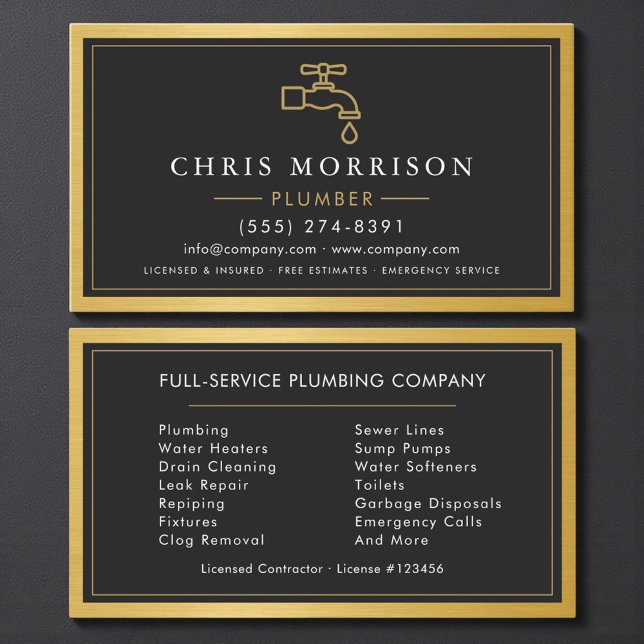 Carte De Visite Contractor Plumbing Service Gold Black (Créateur téléchargé)