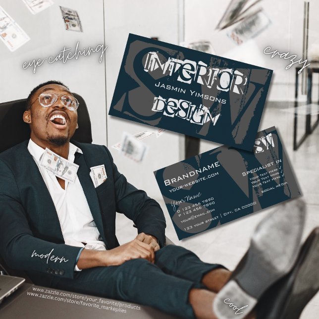 Carte De Visite Cool moderne bleu foncé blanc et gris avec initial (Créateur téléchargé)