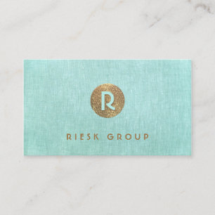 Carte De Visite Cool Retro Gold Monogram Modern Aqua Blue