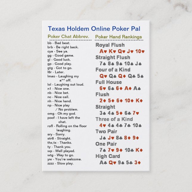 Carte De Visite Copain en ligne de tisonnier du Texas Holdem (Devant)