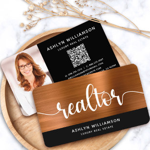 Carte De Visite Copper Black Realtor Photo QR Code Broker Agent