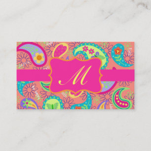Carte De Visite Corail Fuchsia rose moderne Paisley Monogramme