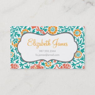 Carte De Visite Corail turquoise et Orange Retro Damask Floral