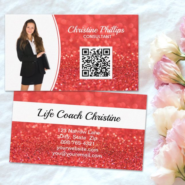 Carte De Visite Coral professionnel Faux Parties scintillant perso (The faux orange glitter business card is ready for your QR code link and photo to highlight you. )