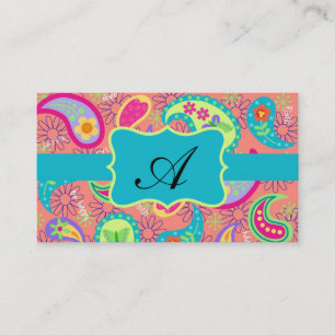 Carte De Visite Coral Turquoise Moderne Paisley Motif Monogramme